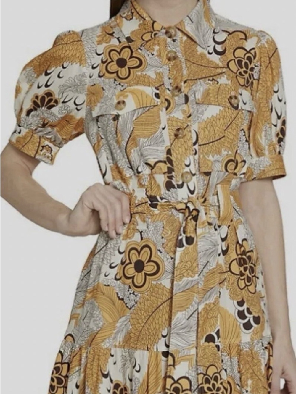 Derek Lam Mustard, Cream & Brown Floral Midi Shirt Dress